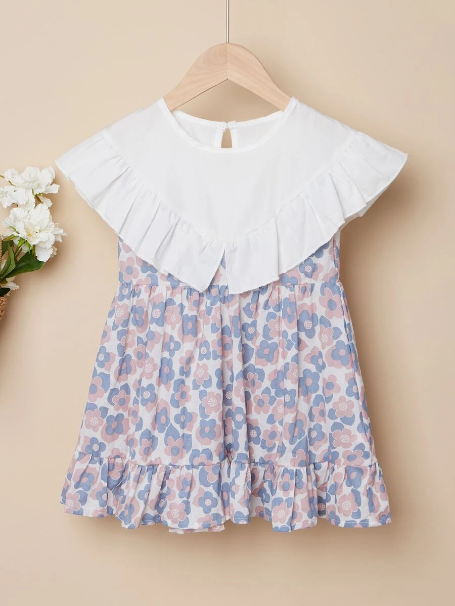 小女童花卉荷葉邊娃娃洋裝