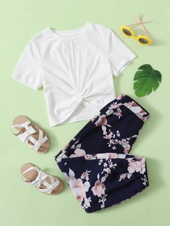 طقم توب بأطراف ملتوية وبنطلون بطباعة زهور بنات