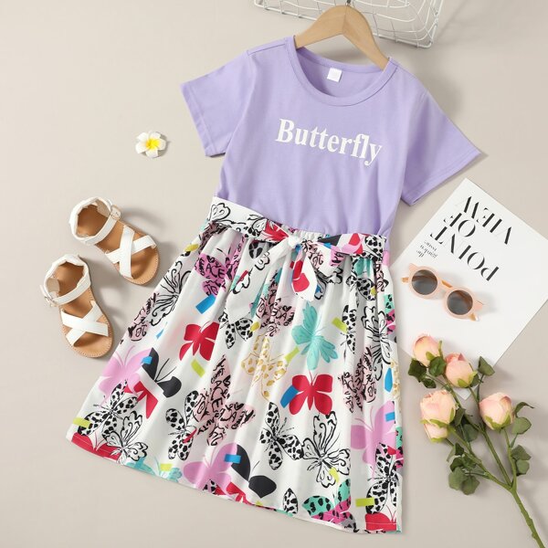 

Girls Letter And Butterfly Print Tie Front A-line Dress, Multicolor