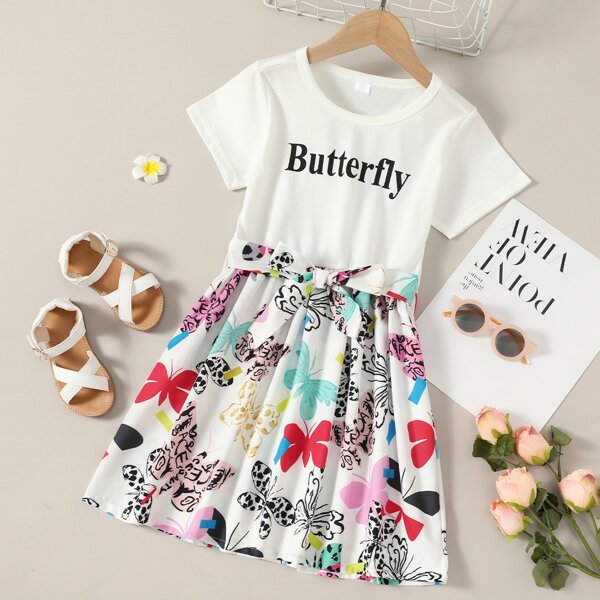 

Girls Letter And Butterfly Print Tie Front A-line Dress, Multicolor