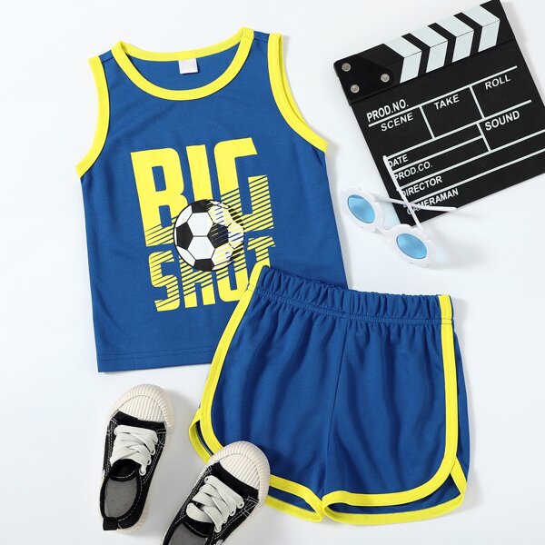 

Toddler Boys Football Print Ringer Tank Top With Track Shorts, Blue
