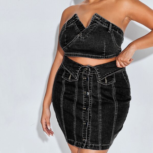 

Plus Tube Crop Denim Top & Button Front Skirt Set, Black