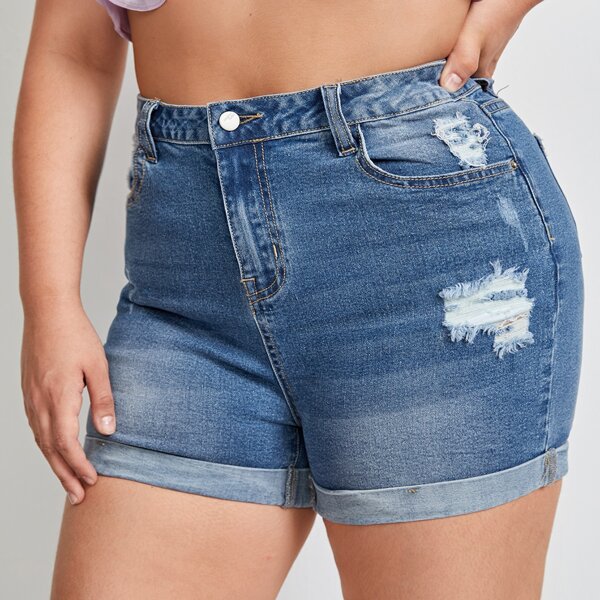 

Plus Ripped High Waist Denim Shorts, Medium wash