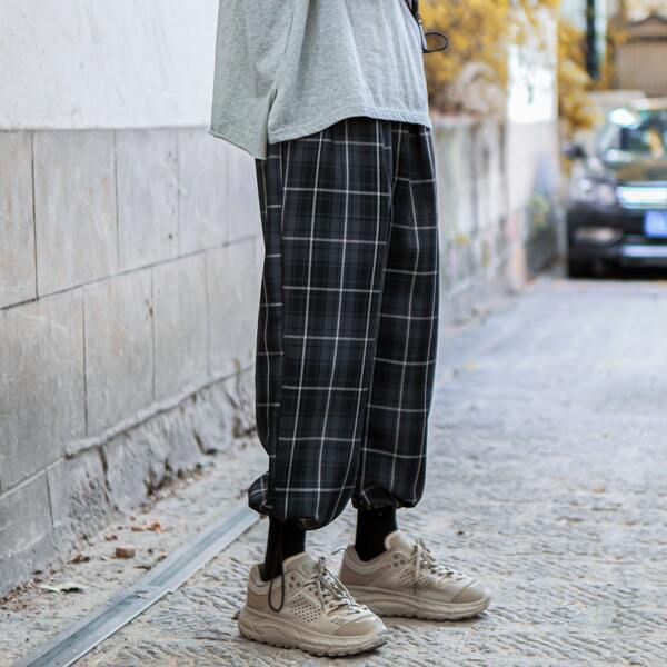 

Men Plaid Drawstring Cuff Pants, Black