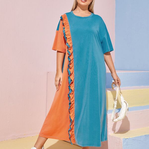 

Plus Drop Shoulder Colorblock Ruffle Trim Dress, Multicolor