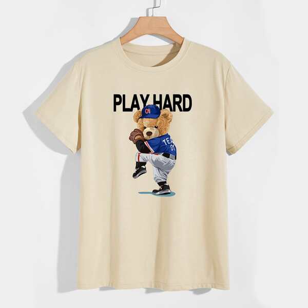 

Men Letter & Cartoon Graphic Tee, Beige