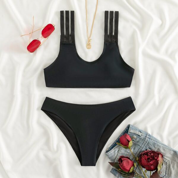 

Contrast Mesh Bikini Swimsuit, Black