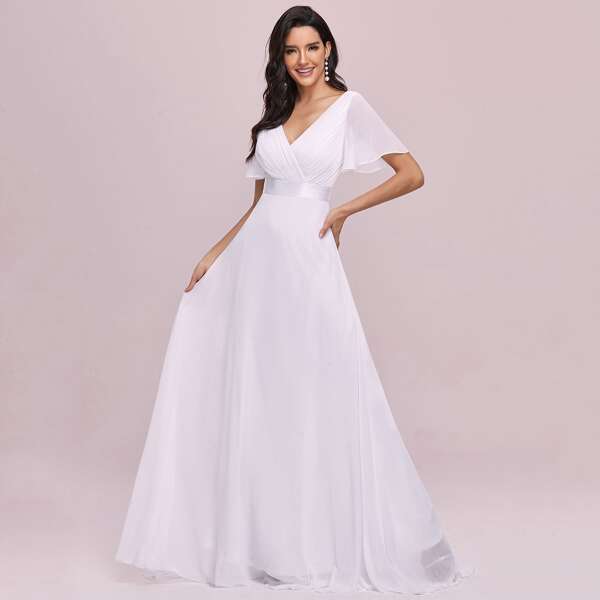 

Ruched Bodice Ribbon Waist Chiffon Prom Dress, White