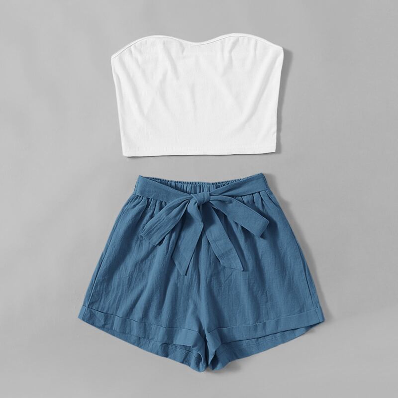 

Solid Tube Top & Belted Cuffed Shorts, Multicolor
