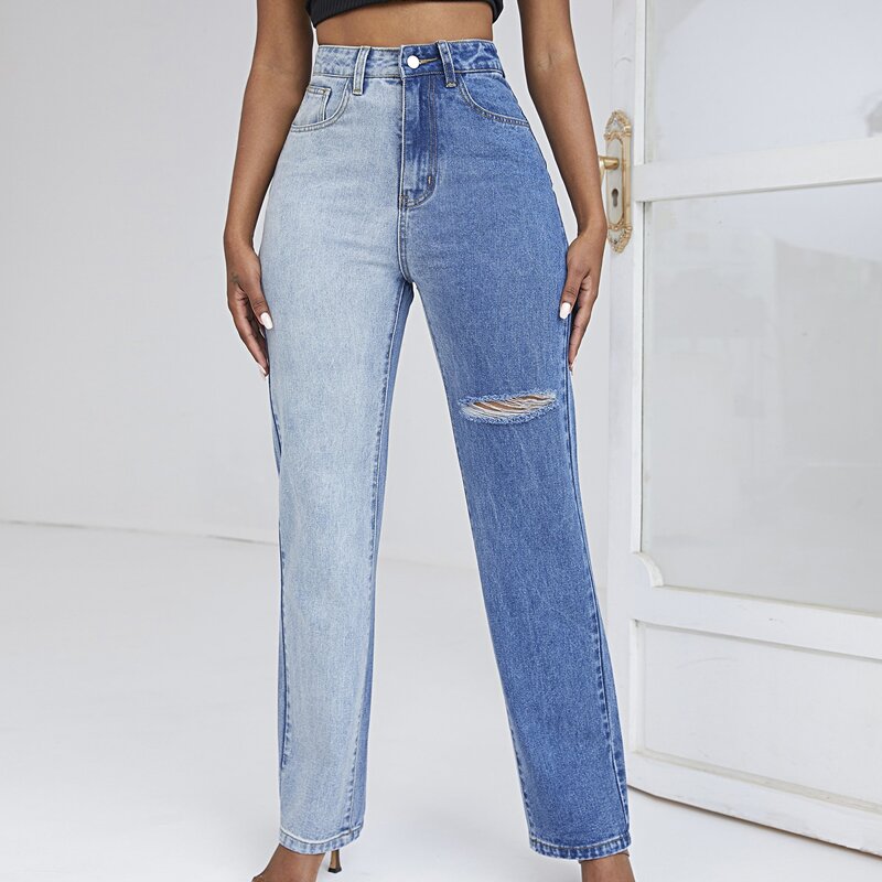 

High Waist Two Tone Ripped Jeans, Multicolor