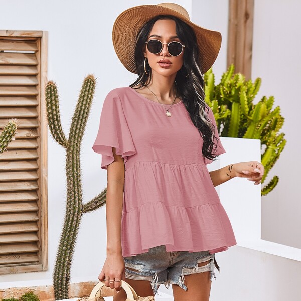 

Flounce Sleeve Solid Peplum Top, Dusty pink