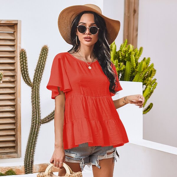 

Flounce Sleeve Solid Peplum Top, Burnt orange