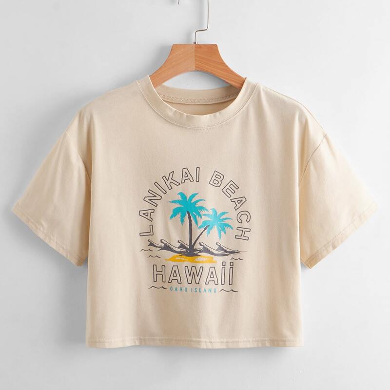 

Letter Tropical Graphic Crop Tee, Beige