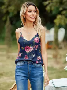 Top de tirantes con estampado floral - Azul Marino - Ver 3