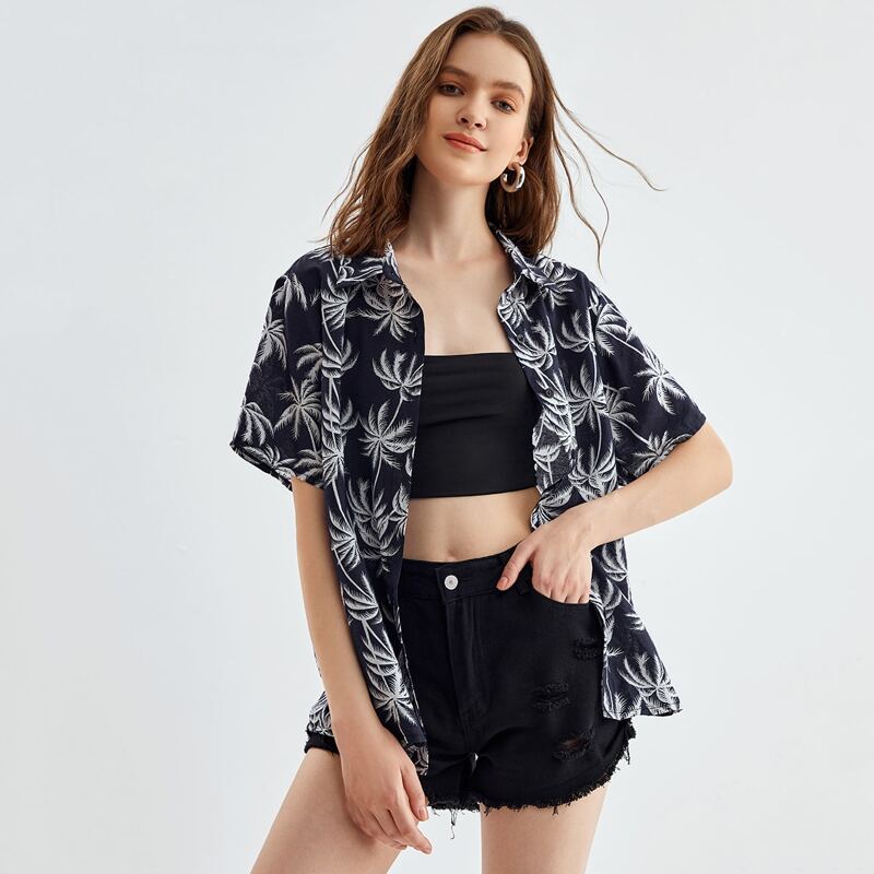 

Coconut Tree Print Button Front Blouse, Baby blue