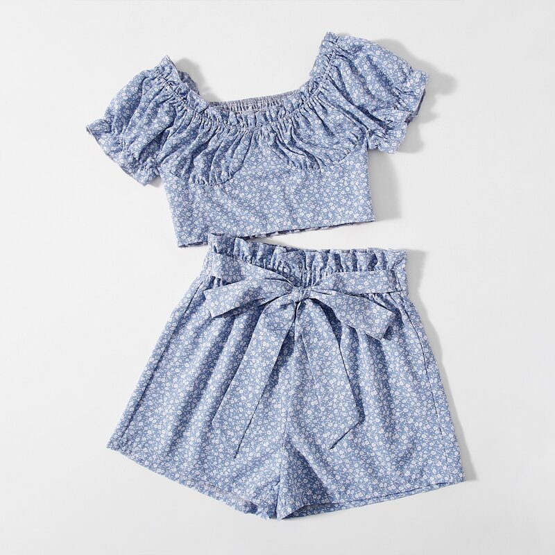 

Ditsy Floral Shirred Crop Top & Belted Shorts, Blue