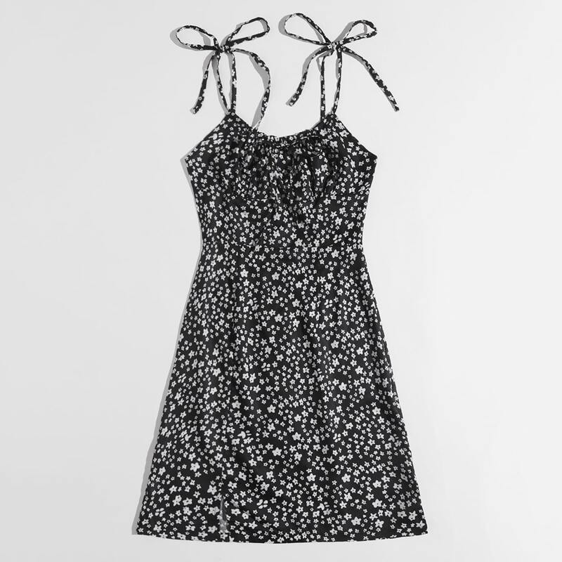 

Ditsy Floral Ruched Bust Tie Shoulder Dress, Black