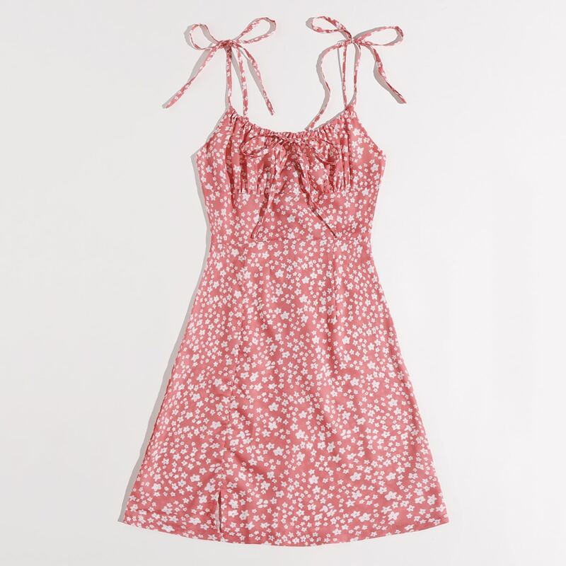 

Ditsy Floral Ruched Bust Tie Shoulder Dress, Coral pink
