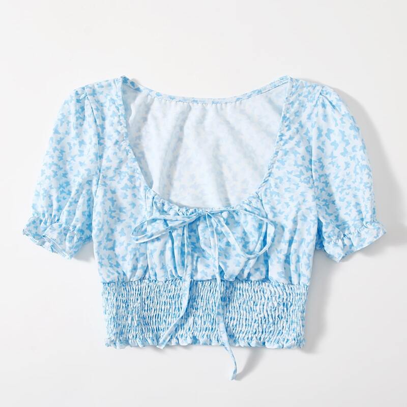 

Butterfly Print Shirred Top, Blue and white