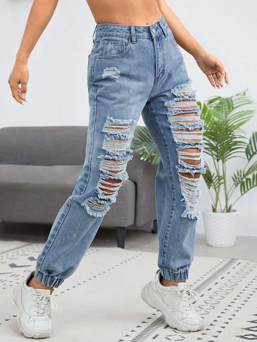 SHEIN Jeans joggers con diseño roto - Azul lavado medio - Ver 1