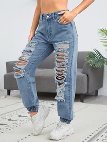 SHEIN Jeans joggers con diseño roto - Azul lavado medio - Ver 4