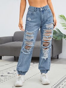 SHEIN Jeans joggers con diseño roto - Azul lavado medio - Ver 5