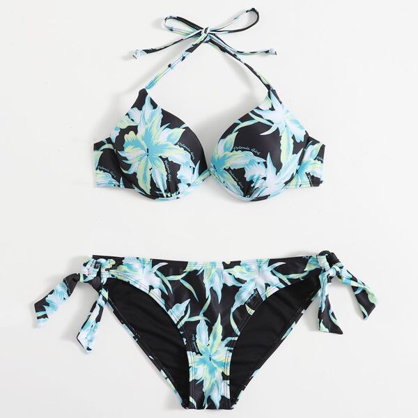 

Plant Print Push Up Tie Side Bikini Swimsuit, Multicolor