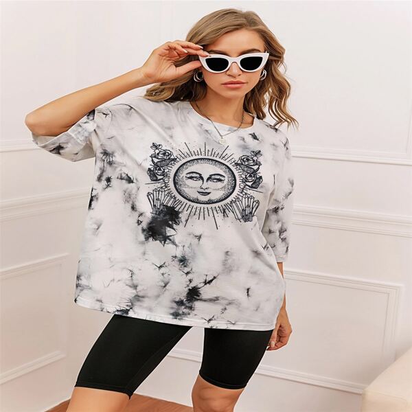 

Tie Dye Drop Shoulder Tee, Black and white