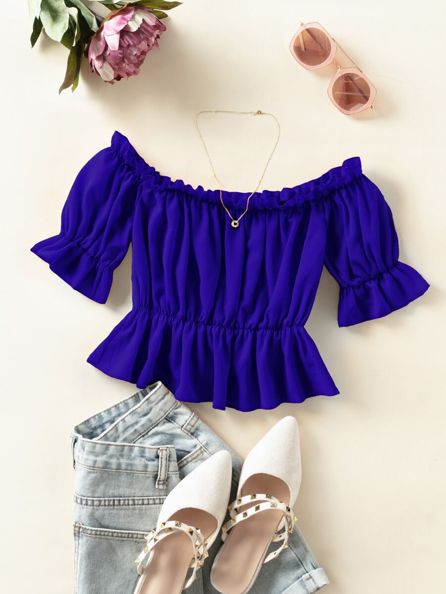 SHEIN Holidaya 荷葉邊袖褶邊露肩荷葉邊下擺襯衫 - 寶藍色 - 查看 1