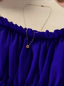 SHEIN Holidaya 荷葉邊袖褶邊露肩荷葉邊下擺襯衫 - 寶藍色 - 查看 6