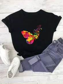 SHEIN LUNE Butterfly Print Short Sleeve Tee - Black - View 1