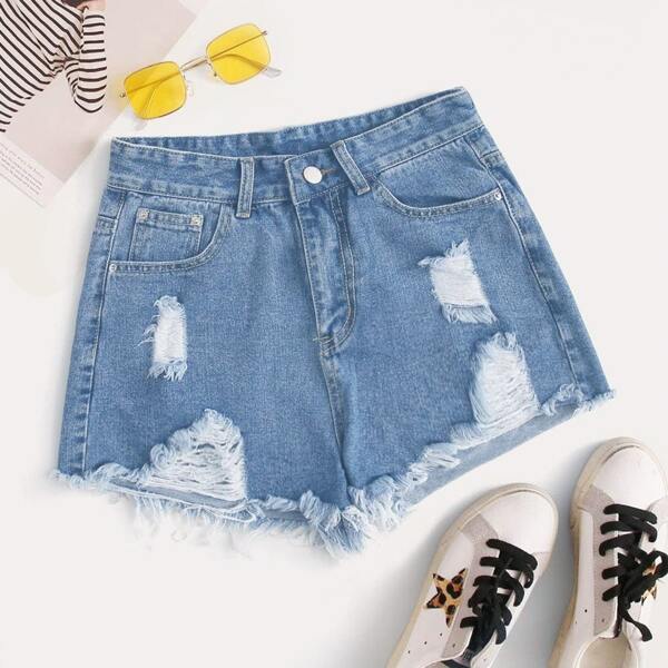 

Plus Ripped Raw Hem Denim Shorts, Medium wash