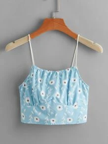 休閒打褶花卉印花 全身印花女士背心 - 淺藍色 - 查看 1