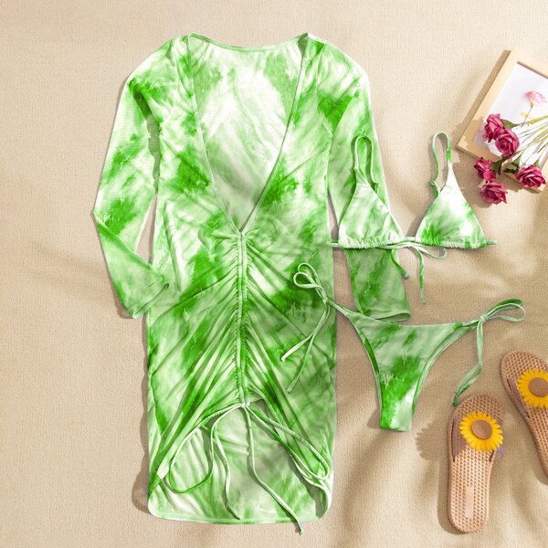 

3pack Tie Dye Bikini Swimsuit & Drawstring Cover Up, Green