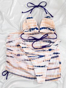 3packs Striped Halter Bikini Set & Beach Skirt, For Summer Vacation