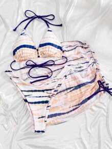 3packs Striped Halter Bikini Set & Beach Skirt, For Summer Vacation