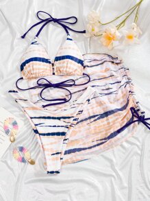 3packs Striped Halter Bikini Set & Beach Skirt, For Summer Vacation
