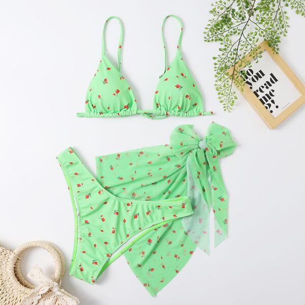 

3pack Floral Triangle Bikini Swimsuit With Beach Skirt, Green