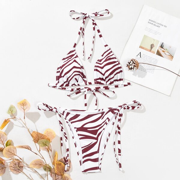 

Zebra Striped Pattern Halter Bikini Swimsuit, Brown
