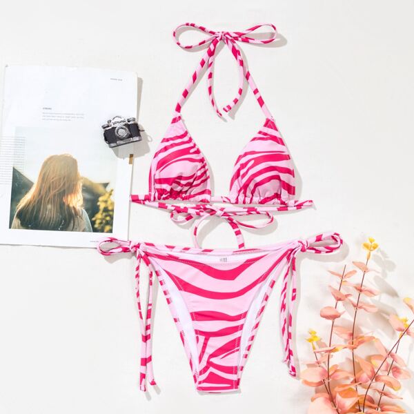 

Zebra Striped Pattern Halter Bikini Swimsuit, Multicolor