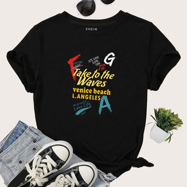 

Slogan Graphic Round Neck Tee, Black