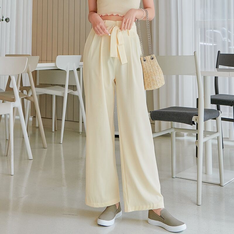 

Solid Self Tie Wide Leg Pants, Yellow