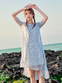 DAZY Ditsy Floral Button Front Split Hem Dress With Cami Dress - Multicolor - View 1