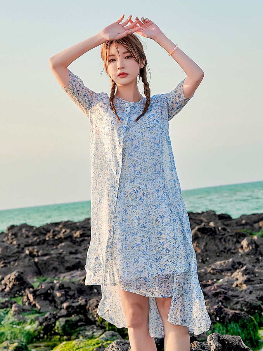 DAZY Ditsy Floral Button Front Split Hem Dress With Cami Dress - Multicolor - View 1