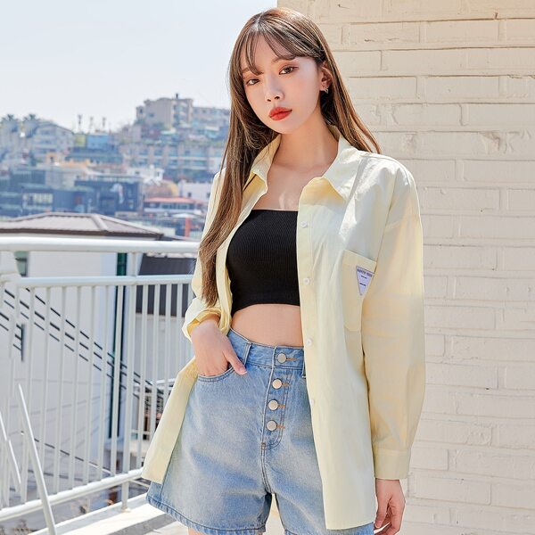 

Letter Patched Drop Shoulder Blouse, Yellow