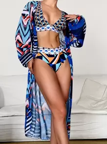 Summer 3packs Geo Print Bikini Set & Kimono