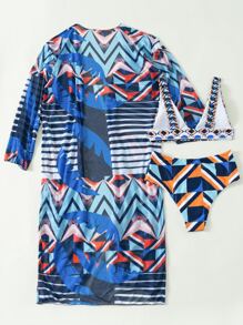 Summer 3packs Geo Print Bikini Set & Kimono