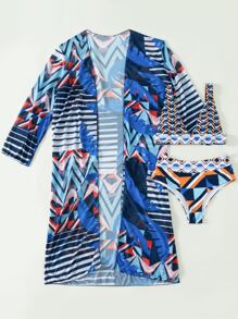 Summer 3packs Geo Print Bikini Set & Kimono