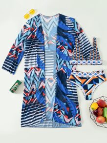 Summer 3packs Geo Print Bikini Set & Kimono