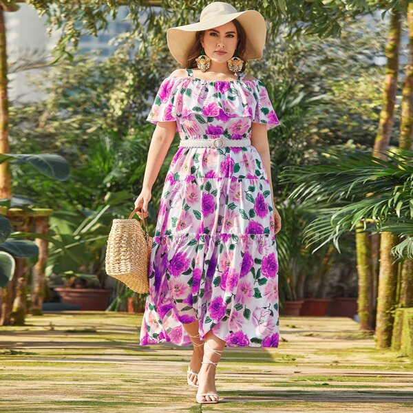 

Plus Allover Floral Cold Shoulder Dress Without Belt, Multicolor